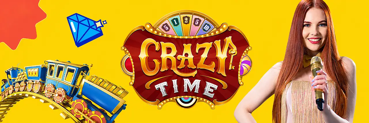 Crazy Time Logo und Host vor Studiohintergrund