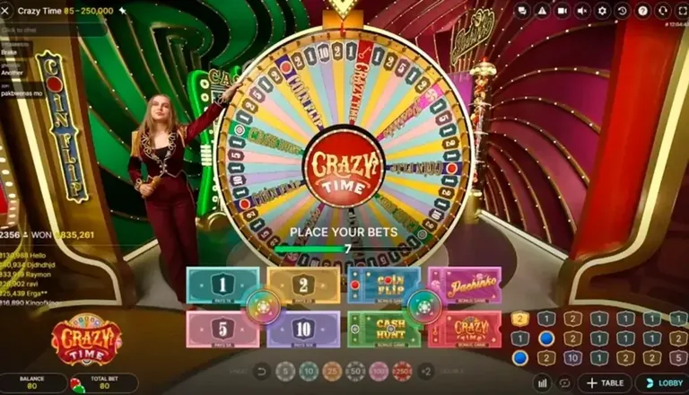 Crazy Time Spieloberfläche mit Einsatzfeldern